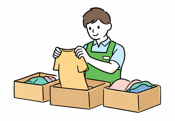 若者が服を仕分けしているイラスト
